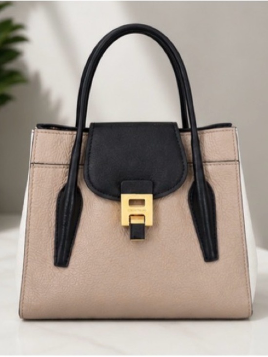 Handbags - Structured Two-Tone Beige and Black Satchel Handbag